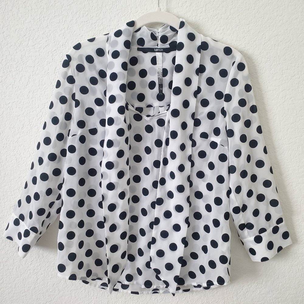 Kensie Semi-sheer Flocked Polka Dot Tie Neck Blouse Top 3/4 Sleeve Relaxed Fit - Picture 7 of 14